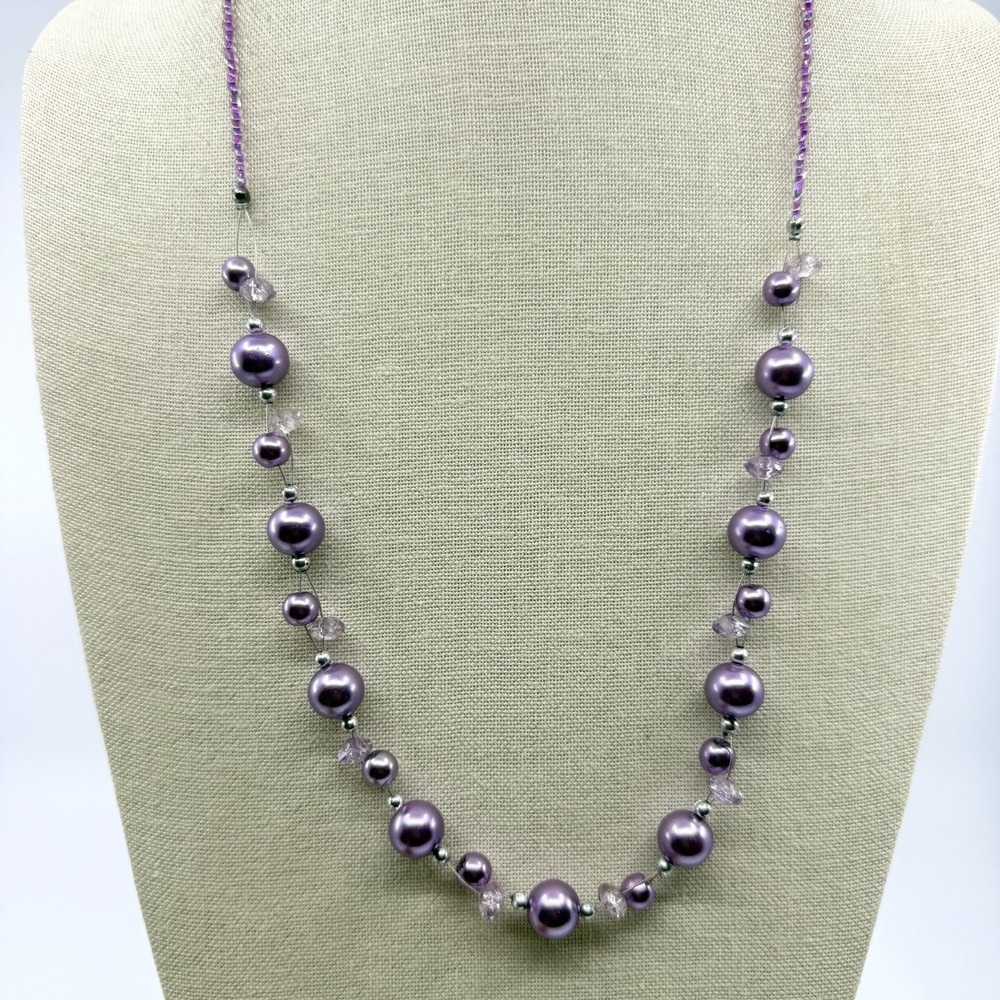 Purple Faux Pearl Crystal Illusion Wire Beaded Necklace Silver Tone Adjustable